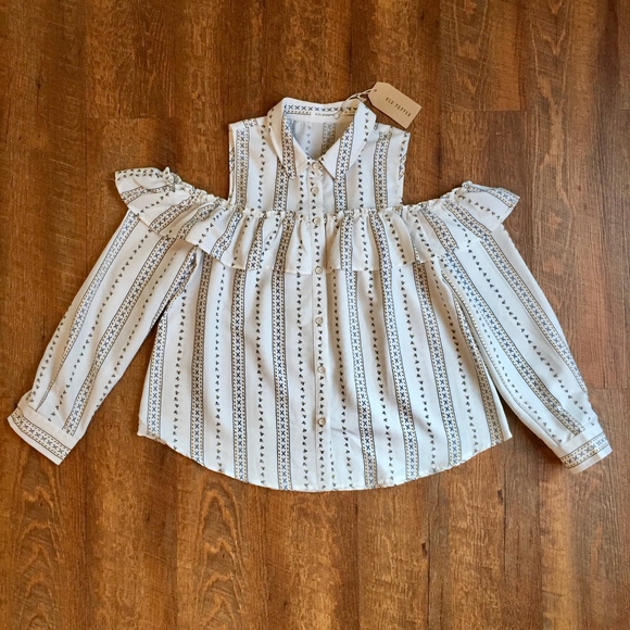 Blu Pepper Collar Button Up Floral Stripe Ruffled Cold Shoulder Medium Top - Picture 3 of 7